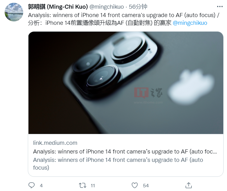 苹果 iPhone 14 自动对焦前摄供应商曝光，郭明錤称“赢家为玉晶光、高伟电子”